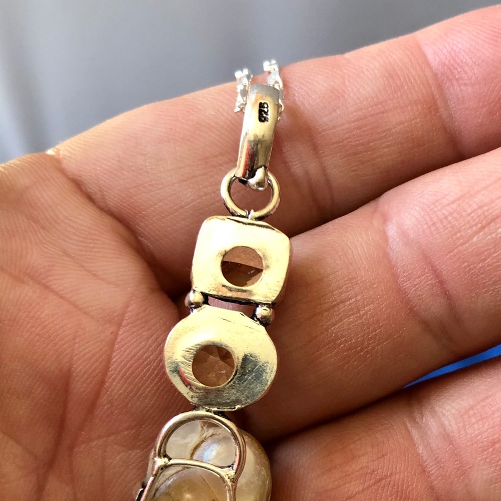 Natural Biwa Pearl Real Citrine Gemstone  925 Stamped Sterling Silver Necklace. - Picture 4 of 5